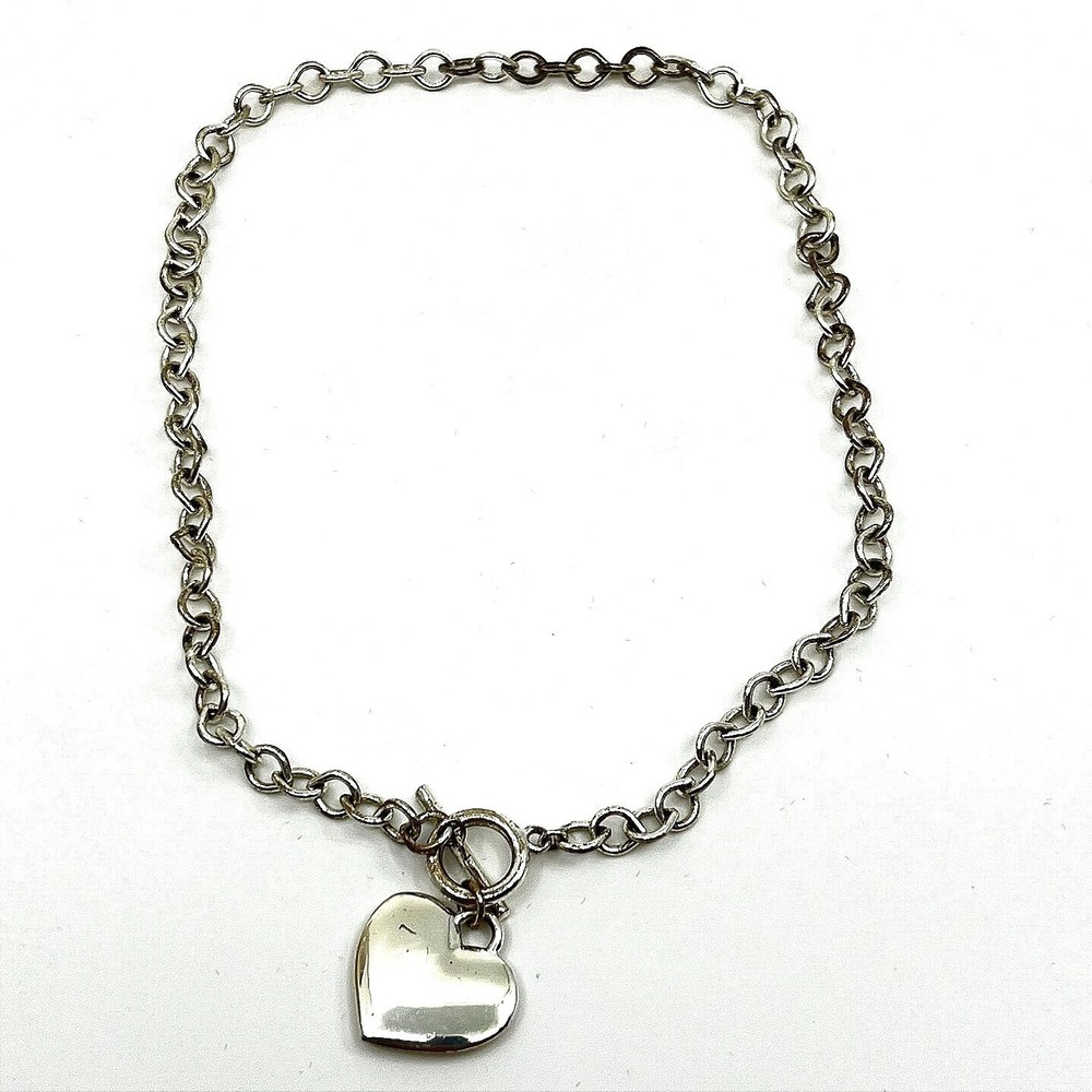Vintage Silver Tone Chunky Puffed Heart Pendant Cable Chain Toggle Necklace Y2K